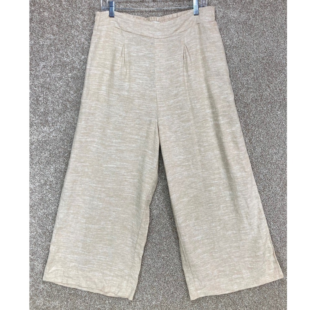 Ella Moss Linen Wide Leg Pleated Pants Women Sz L Tan Summer Resortwear Coastal